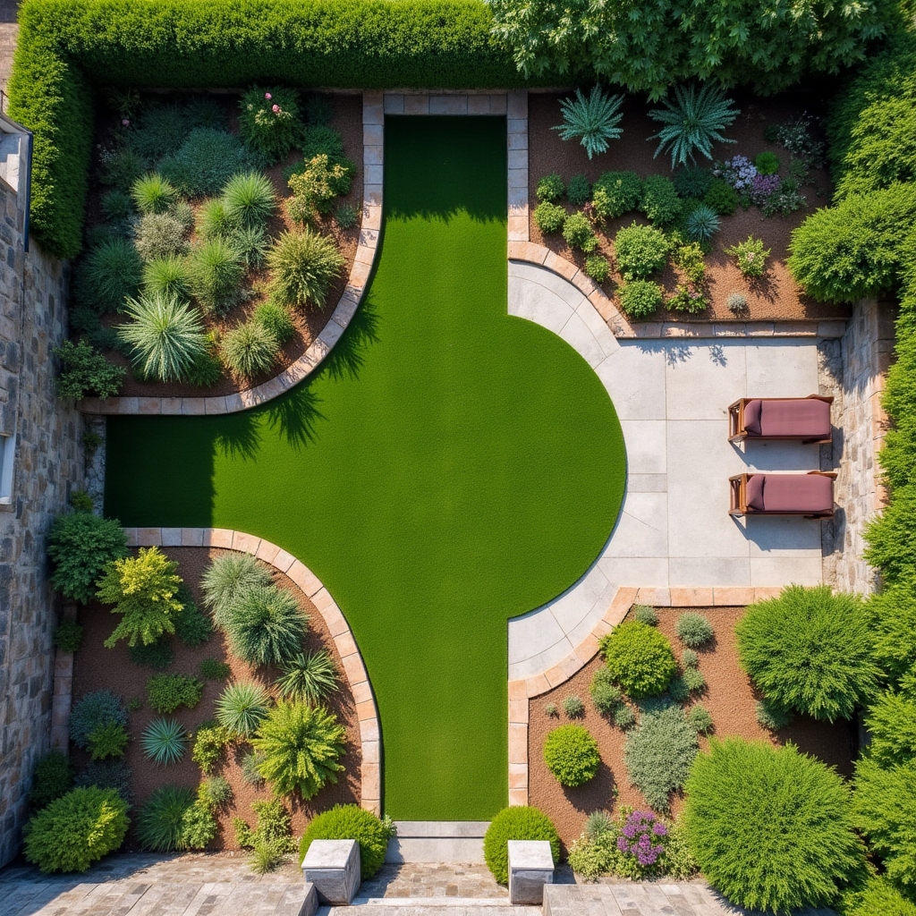 Vista aérea de jardín bien diseñado con zonas diferenciadas de plantas, césped y caminos de piedra
