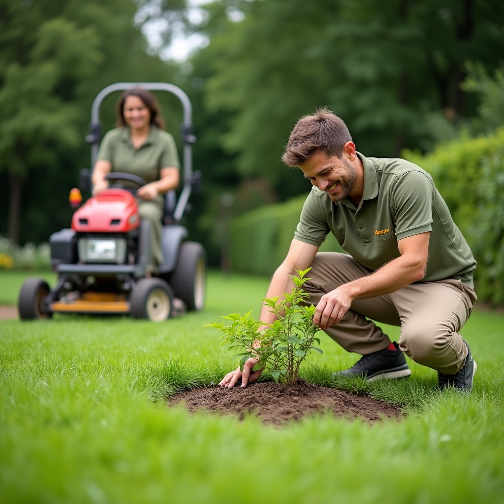 Equipo de jardineros trabajando en un jardín con herramientas profesionales
