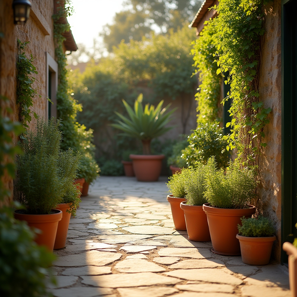 Terraza con jardín bien cuidado en Bilbao con plantas ordenadas y césped verde