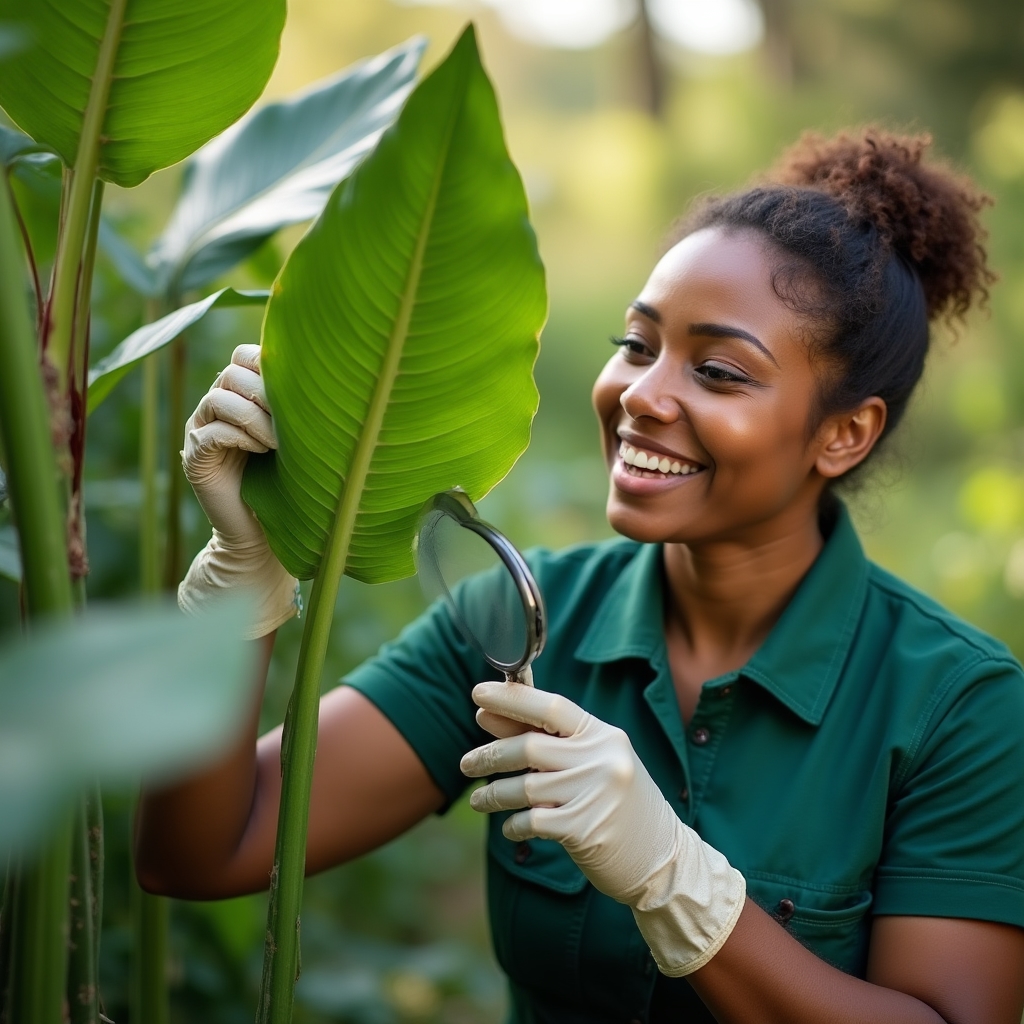 Jardinero examinando con cuidado las hojas de una planta para detectar posibles problemas