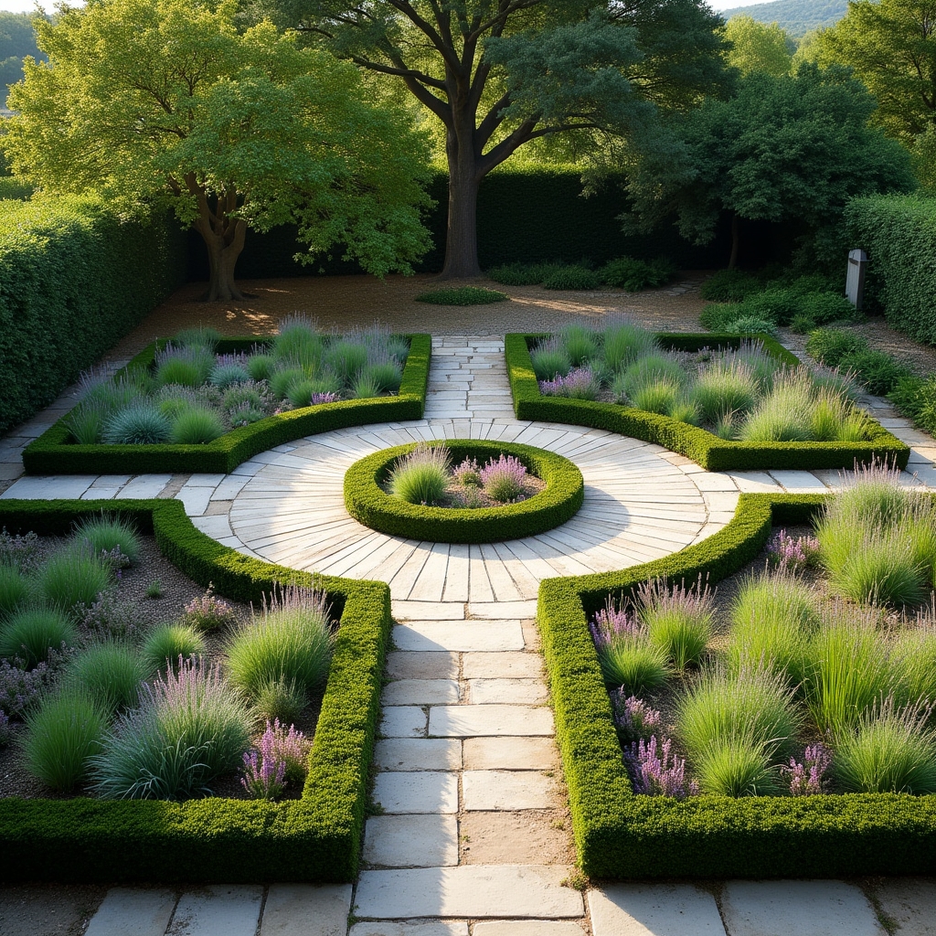 Vista de un jardín bien estructurado con diferentes tipos de plantas y sendero de piedra en Bilbao