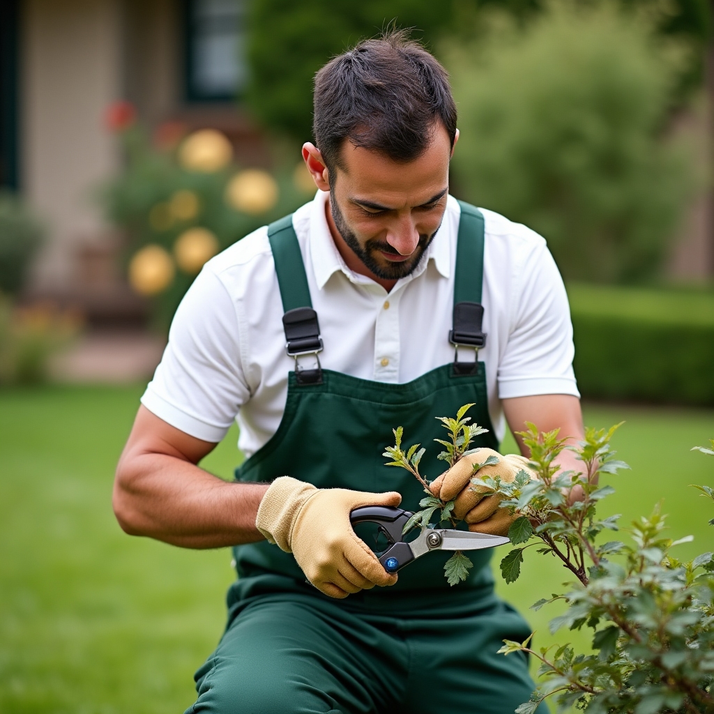 Jardinero profesional podando arbustos en jardín de vivienda particular