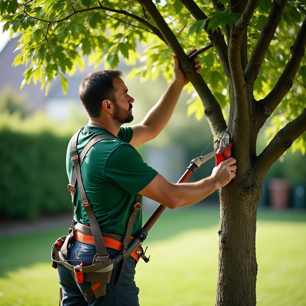 Profesional realizando poda de árbol con herramientas especializadas en jardín residencial