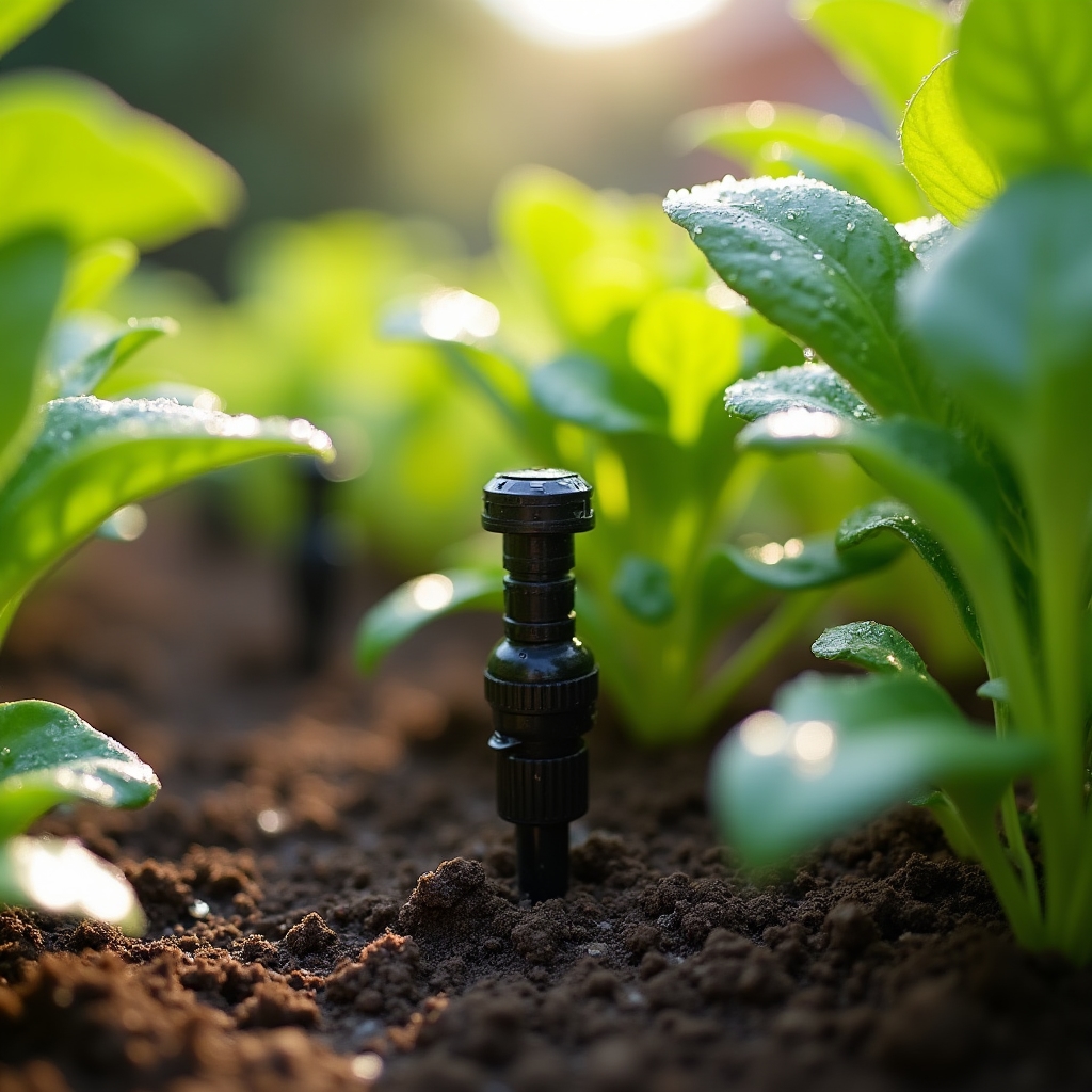 Sistema de riego por goteo instalado en jardín con plantas verdes y suelo húmedo