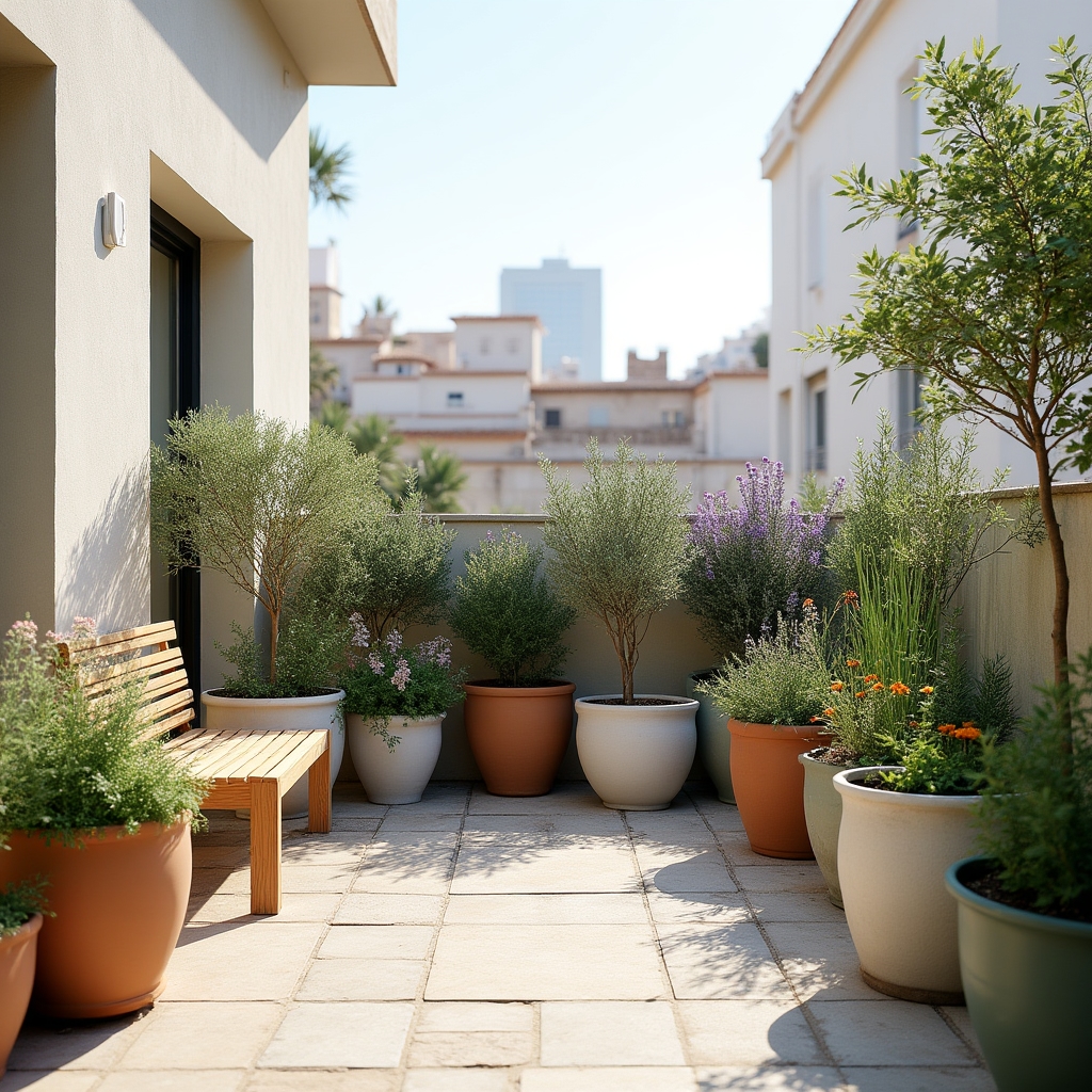 Terraza de apartamento urbano con macetas de plantas bien organizadas y flores coloridas